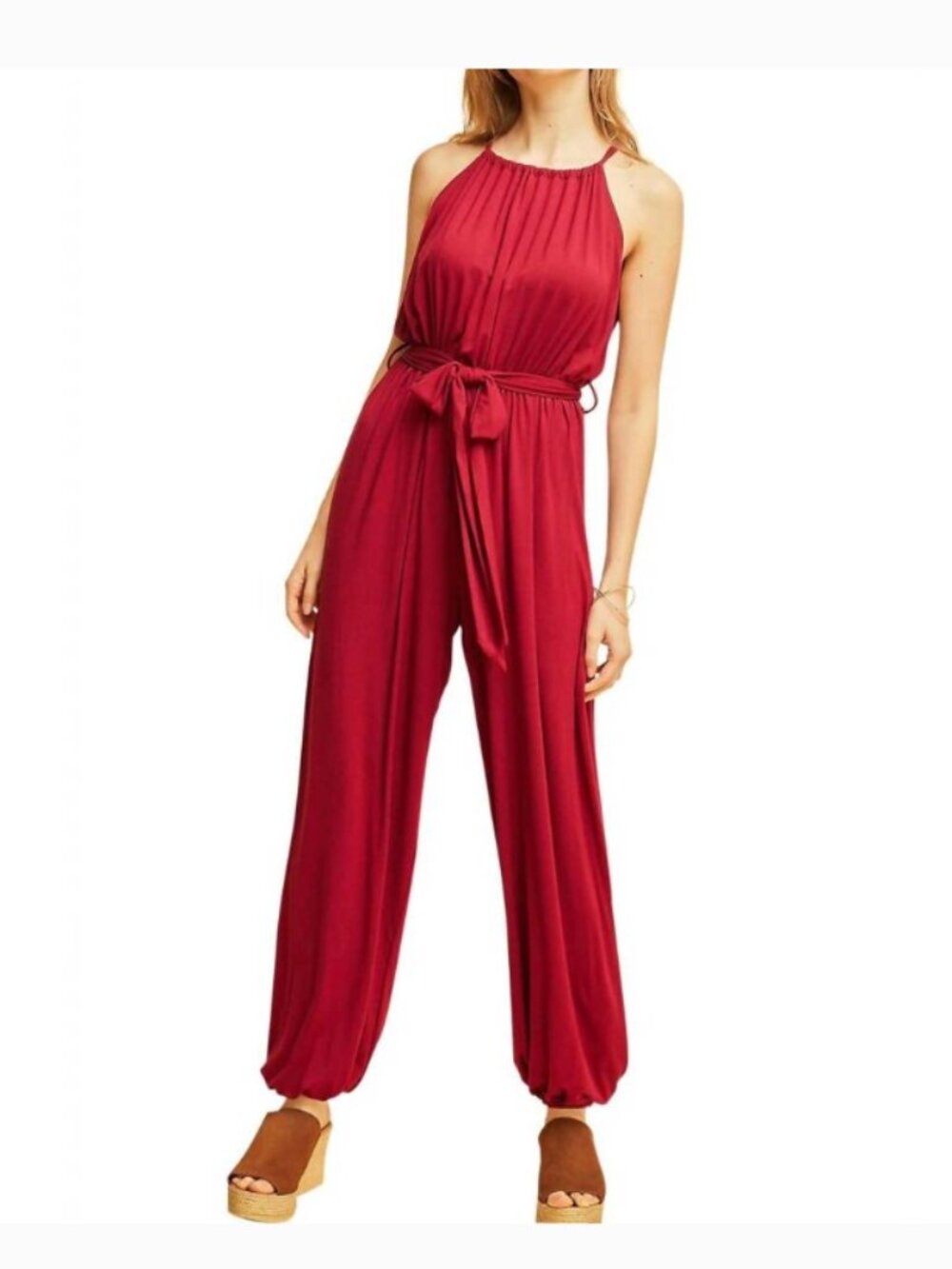 entro Cranberry Halter Jumpsuit with Tie Waist and Leg slits